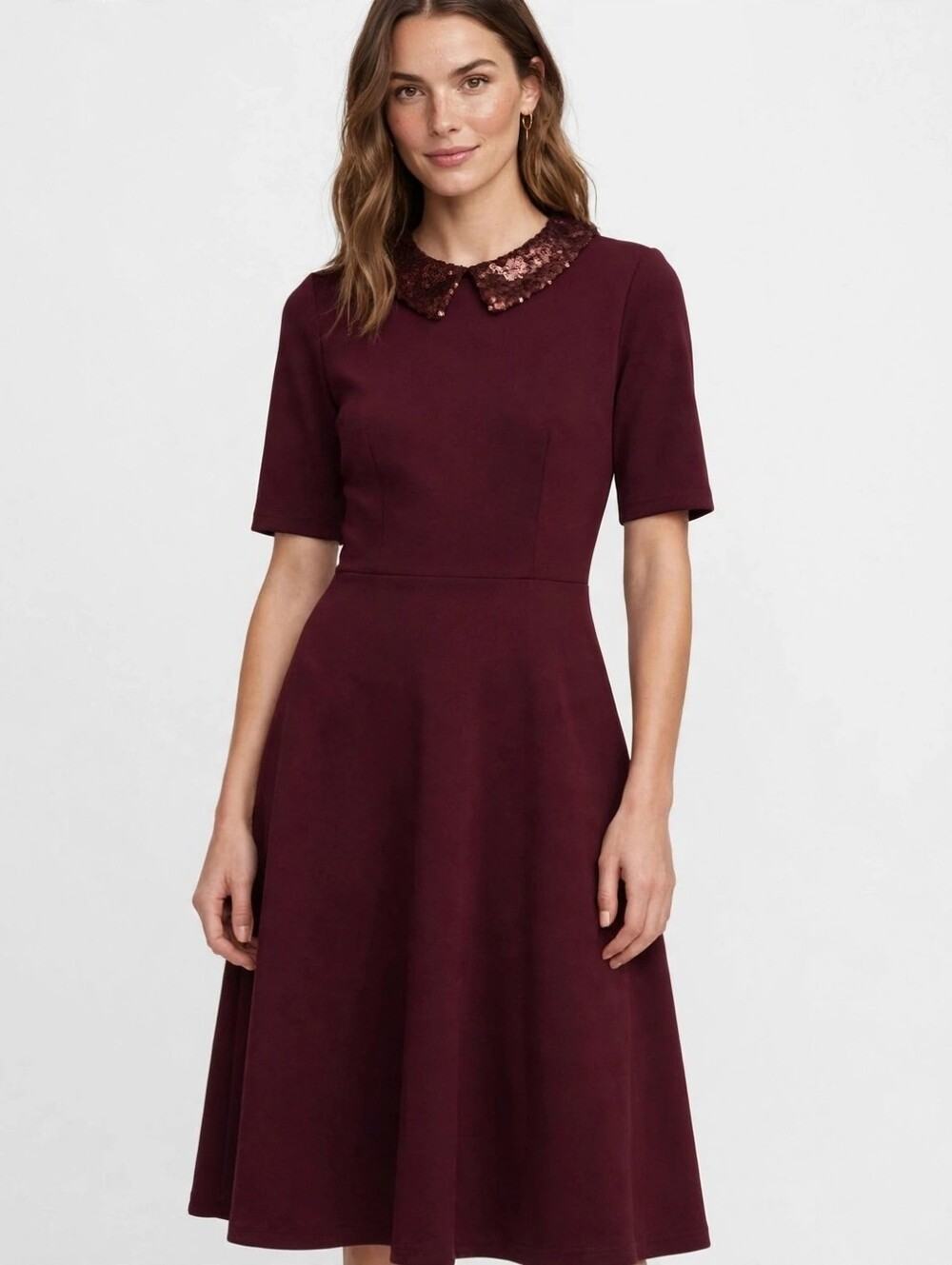 Chaser Burgundy Midi Dress with Sequined Collar